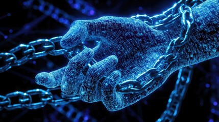 Poster - Cyber captivity: A hand in digital form, wrapped tightly in chains