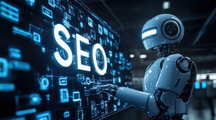 A robot works on a digital interface with the term SEO displayed, representing the intersection of technology and search engine optimization.