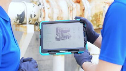 Poster - Workers inspecting factory piping while looking at an electronic manual on a tablet