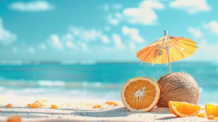 Wall Mural - Coconut with umbrella on tropical beach, summer holiday background with palm trees and oranges