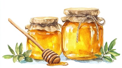 Watercolor illustration of amber linden honey jars featuring a wooden spoon and honey drizzling from a stick with a focus on vitamins that boost immunity