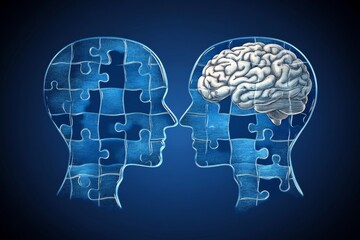 Wall Mural - Conceptual Illustration of Two Blue Brains Connecting Over a Black Background Symbolizing Knowledge Sharing