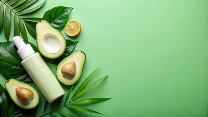 Cosmetic product mockup on green background with avocados and leaves, natural, skincare, beauty, cosmetic, product, mockup