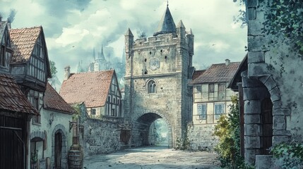 Poster - Watercolor illustration of a town gate and tower in a medieval town setting