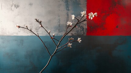 Poster - Cherry blossom branch against a textured backdrop of red, blue, and gray colors in an artistic arrangement