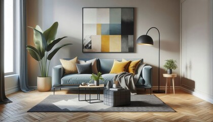 modern living room, minimalist design, soft blue sofa, yellow and grey cushions, abstract wall art, natural light, wooden floor, black floor lamp, indoor plants, cozy atmosphere, contemporary coffee t