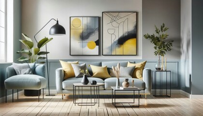 modern living room, minimalist design, soft blue sofa, yellow and grey cushions, abstract wall art, natural light, wooden floor, black floor lamp, indoor plants, cozy atmosphere, contemporary coffee t