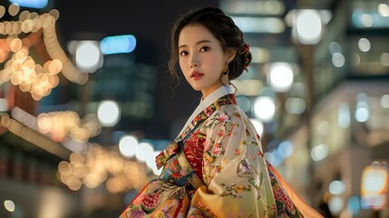 A Korean model in a contemporary hanbok fusion outfit, posing elegantly against a backdrop of modern city architecture. The hanbok combines traditional patterns with modern cuts,