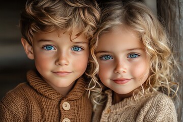 A close-up portrait of two children, a boy and a girl, with blonde hair and bright blue eyes.