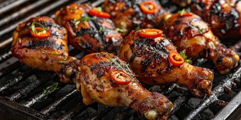 Wall Mural - Marinated chicken legs and fresh produce cooked on a hot grill.