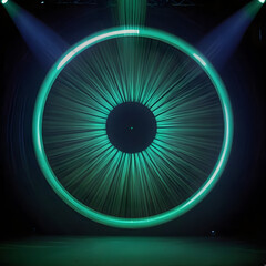 Circular light patterns spinning over a stage, deep blue and green tones, hypnotic and intense mood