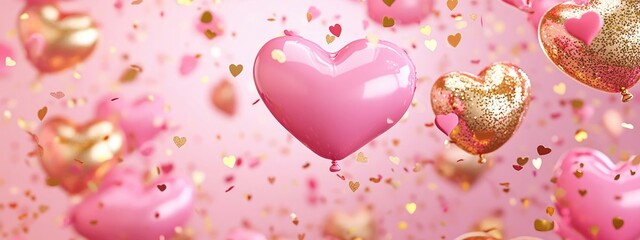 3D rendered pink and gold confetti and love balloons for a Valentine s Day themed social media post template