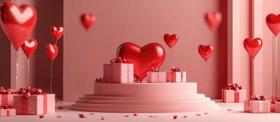 Poster - 3D abstract podium representing love concept for displaying gifts and objects 3D illustration