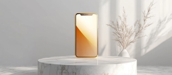Poster - 3D rendered illustration of a smartphone mockup UI app display interface on a marble podium stage with a white background featuring a premium minimalist design in gold