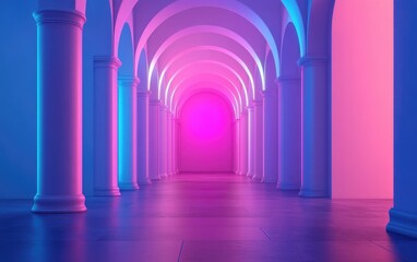 Poster - 3D rendering of a simplistic geometric background featuring an architectural corridor with arch columns within a blank wall showcasing a modern minimal concept