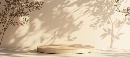 Aufkleber - 3D backdrop featuring a wooden podium display Natural beige banner with shadows Product showcase for beauty cosmetics on a nature inspired wooden stand Empty studio setting in a minimal 3D render