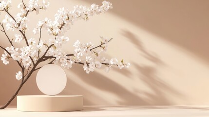 Poster - 3D background featuring a beige podium with a round display and a branch of sakura white flowers Ideal for cosmetic or beauty product promotion this floral pedestal offers an abstract minimalistic