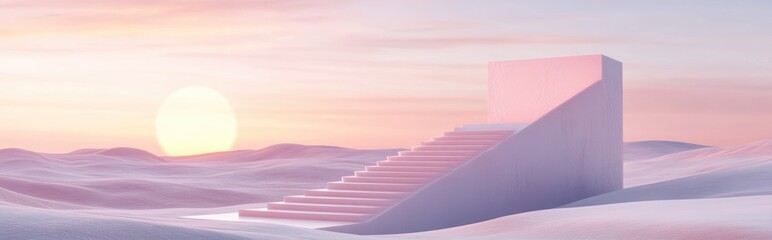 Poster - 3D minimalistic surreal illustration featuring a desert landscape with a sunset and stair structure Serene backdrop suitable for music videos pedestals or product displays