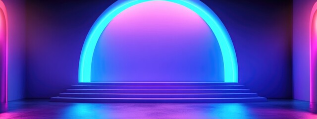 Aufkleber - 3D render of an abstract neon background featuring a glowing blue rounded arch stairs and an empty performance stage designed for fashion showcases illuminated by ultraviolet light