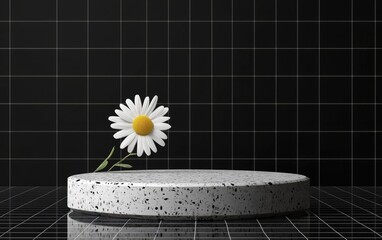 Aufkleber - 3D rendered blank mockup of a terrazzo podium featuring a daisy against a transparent grid background