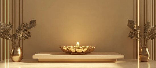 Poster - 3D rendering of a podium featuring a gold diya for a festival celebration designed for product promotion and presentation