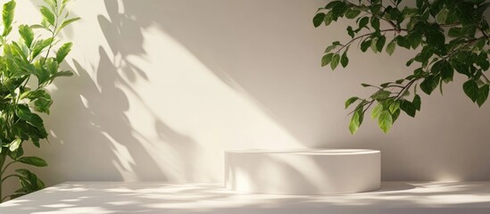 Aufkleber - 3D render of an elegant white podium designed for showcasing beauty skincare products featuring natural green leaves and sunlight casting shadows on the floor