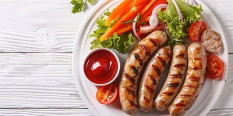 Sticker - Charred light sausages accompanied by a variety of vegetables and sauce on a pale dish, viewed from above on a light wooden surface.