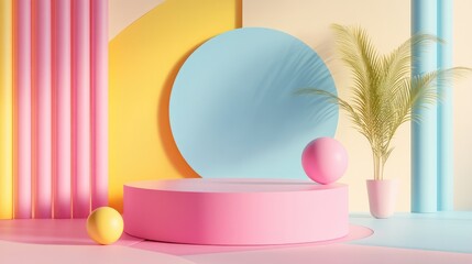 Poster - 3D rendering of abstract geometric shapes featuring a podium in pink blue and yellow hues with a minimalistic design Illustration