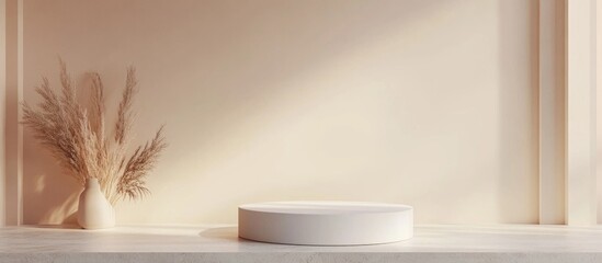 Poster - 3D rendering of a pastel minimal scene featuring a white blank podium with an earthy color palette Softly muted and saturated colors Designs with simple geometric shapes Contemporary showcase for p