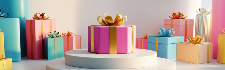 3D rendering of a podium surrounded by vibrant gift boxes against a white backdrop with clipping path