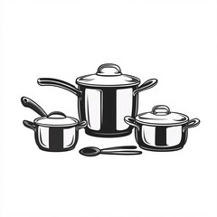 240805 201. A simple vector icon illustration depicting the group of stainless steel cookware items at center for a website isolated white background