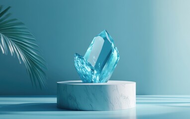 Poster - 3D abstract minimal background featuring an aquamarine blue crystal nugget on a marble cylinder pedestal serving as a showcase podium for a blank product display mockup Isolated objects emphasize