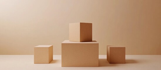 Poster - 3D brown cube and box podium in a minimal studio background Abstract geometric shape illustration rendered in natural color tones