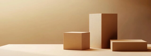 Poster - 3D brown cube and box podium in a minimal studio background Abstract geometric shape illustration in natural color tones