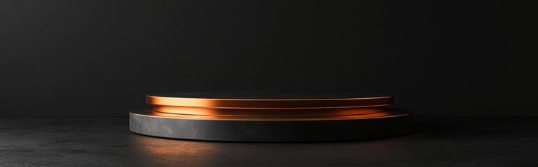 Poster - 3D rendering of an isolated pedestal on a black background featuring a round copper frame and cylindrical steps showcasing an abstract minimalist concept with a blank space and clean design ideal