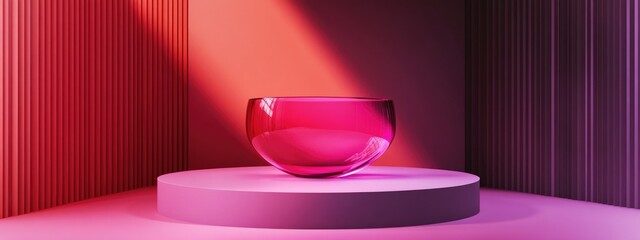 Poster - 3D render of an abstract geometric background featuring a translucent violet red round glass Modern minimalist display mockup with an unoccupied pedestal and empty podium