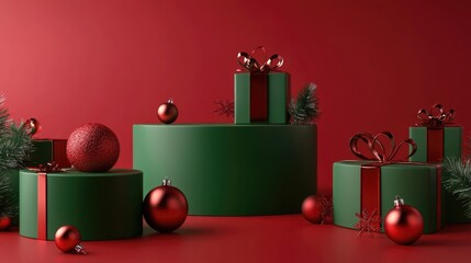 Poster - 3D rendering of green and red product display stands featuring gift boxes and Christmas baubles on a red backdrop Elegant Christmas product showcase setting