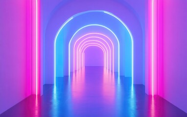 Poster - 3D rendering of a simplistic geometric background featuring an architectural corridor with arch columns within a blank wall showcasing a modern minimal concept