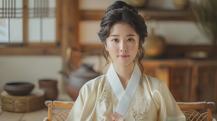 A serene image of a Korean model in a traditional hanbok, conducting a tea ceremony. The traditional setting, with wooden furniture and soft, natural light,