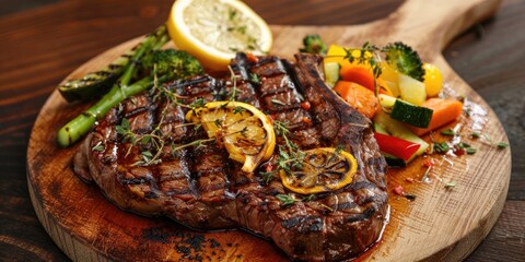 Wall Mural - Chargrilled ribeye steak garnished with tangy citrus zest and accompanied by fresh vegetables.