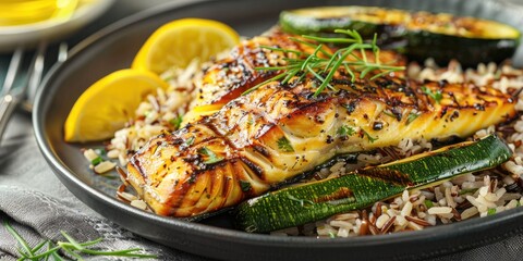 Wall Mural - Grilled zucchini paired with wild rice and oven-baked fish fillet