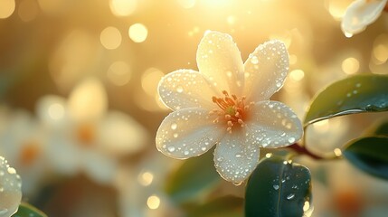 Canvas Print - Delicate White Flower Blossom with Dew Drops in Warm Sunlight