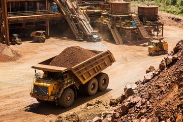 A mining truck is shown in the process of hauling ore up a steep incline in a mine. The truck's powerful engine