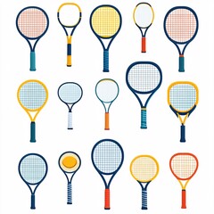 240805 232. A simple vector icon illustration depicting the group of tennis racket designs at center for a website isolated white background with various sports equipment elements