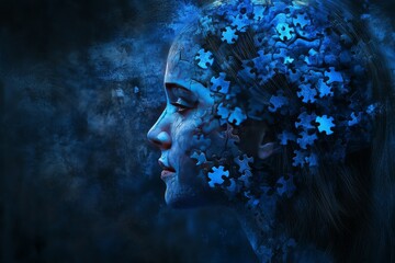 Sticker - Blue mystic woman with brain constellation symbolizing deep thoughts and the universe of human cognition