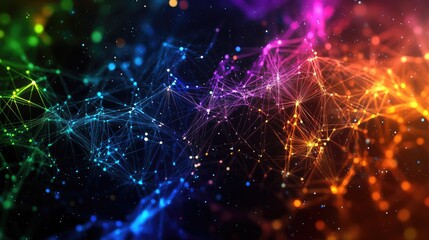 Poster - Abstract polygonal grid background featuring colorful lines on a dark backdrop Conceptual representation of color algorithms and big data for business science and technology