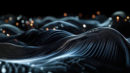 Poster - Data set analysis and visualization showcasing abstract business analytics featuring waves of information with large data streams illuminated lines and circular patterns on a dark background