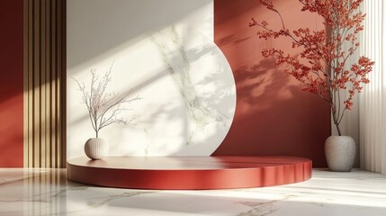 Poster - 3D rendering of a minimalist backdrop suitable for cream cosmetics featuring a contemporary red podium setting