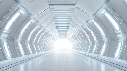 Poster - 3D rendering of a white abstract sci fi tunnel featuring a futuristic spaceship corridor