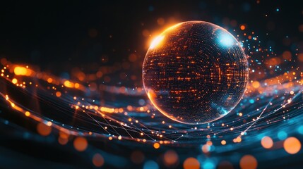Poster - A luminous sphere represents a collection of information A dark backdrop highlights glowing lines and circles illustrating data stream analysis and visualization in an abstract business context